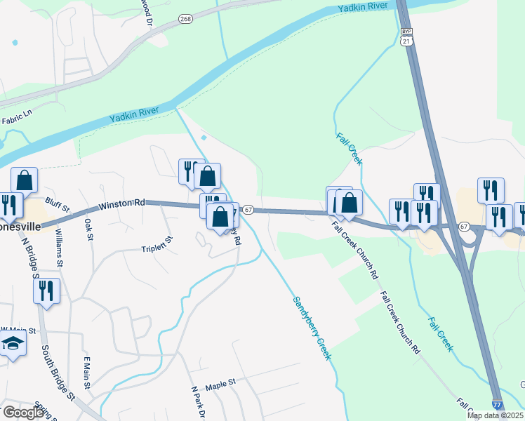 map of restaurants, bars, coffee shops, grocery stores, and more near North Carolina 67 in Jonesville