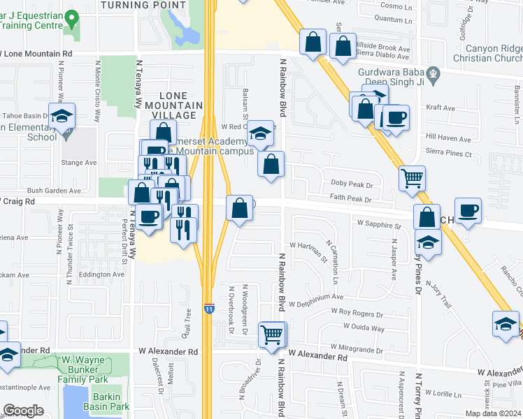 map of restaurants, bars, coffee shops, grocery stores, and more near 6732 West Accent Court in Las Vegas