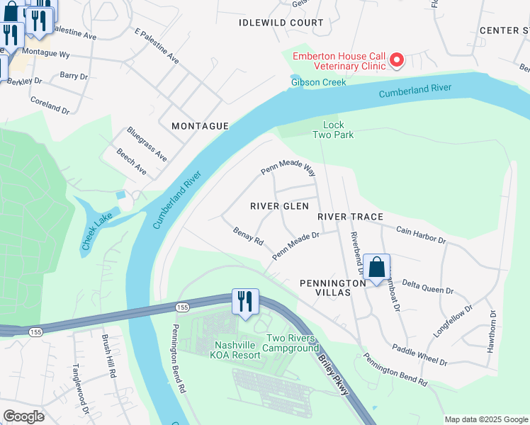 map of restaurants, bars, coffee shops, grocery stores, and more near 1127 Alandee Street in Nashville