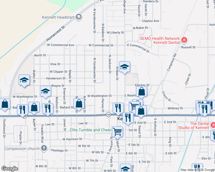 map of restaurants, bars, coffee shops, grocery stores, and more near 307 North Jackson Street in Kennett