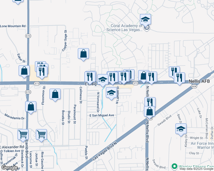 map of restaurants, bars, coffee shops, grocery stores, and more near 4841 East Craig Road in Las Vegas