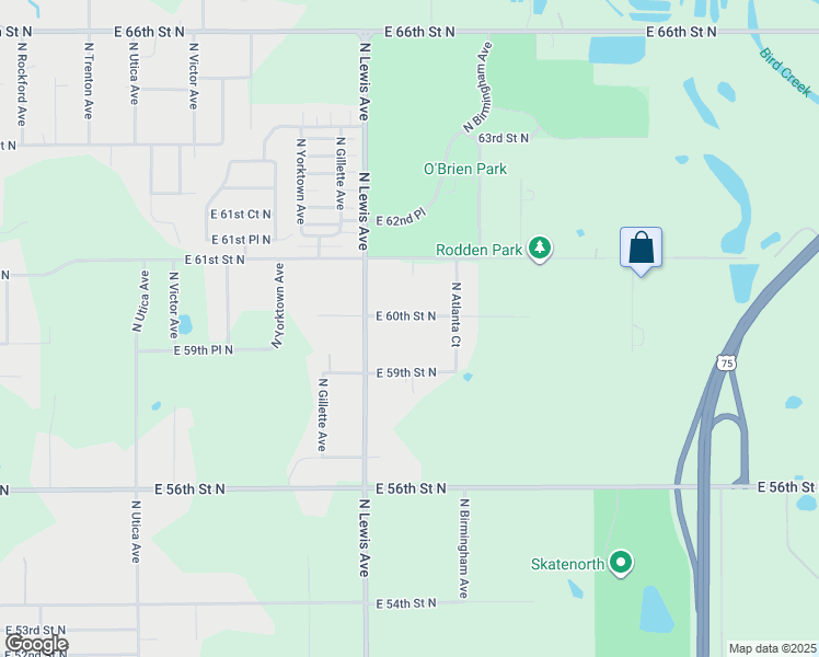 map of restaurants, bars, coffee shops, grocery stores, and more near 2442 East 60th Street North in Tulsa