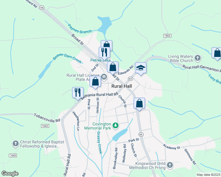 map of restaurants, bars, coffee shops, grocery stores, and more near 136 Bethania Street in Rural Hall