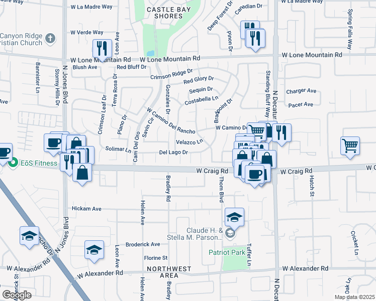 map of restaurants, bars, coffee shops, grocery stores, and more near 5256 Del Lago Drive in Las Vegas