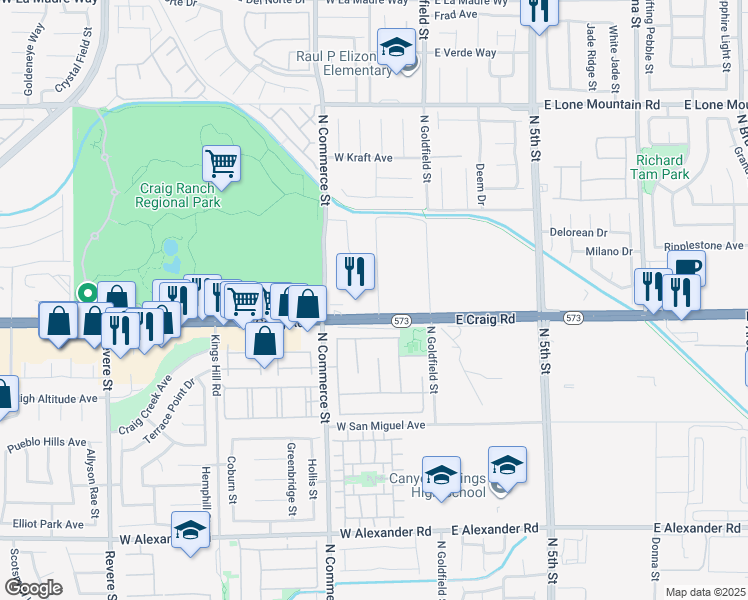 map of restaurants, bars, coffee shops, grocery stores, and more near 160 West Craig Road in North Las Vegas