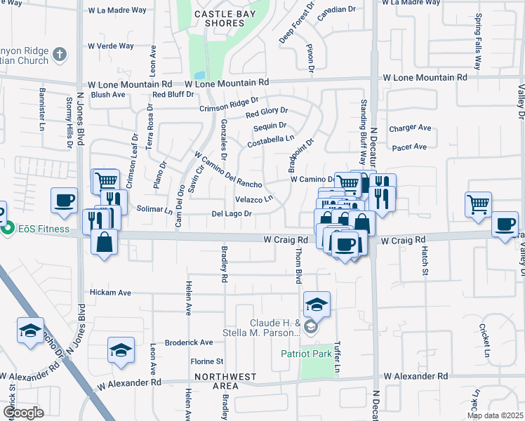 map of restaurants, bars, coffee shops, grocery stores, and more near 5256 Del Lago Drive in Las Vegas