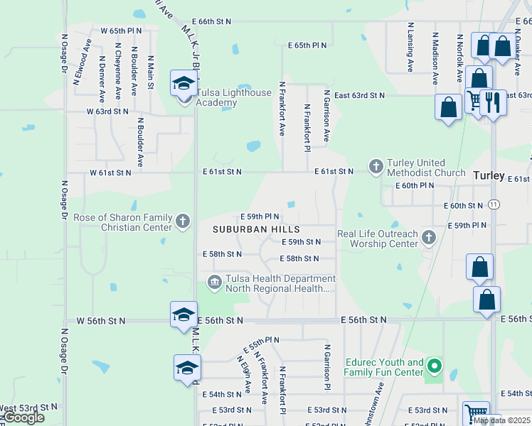 map of restaurants, bars, coffee shops, grocery stores, and more near 439 East 59th Place North in Tulsa