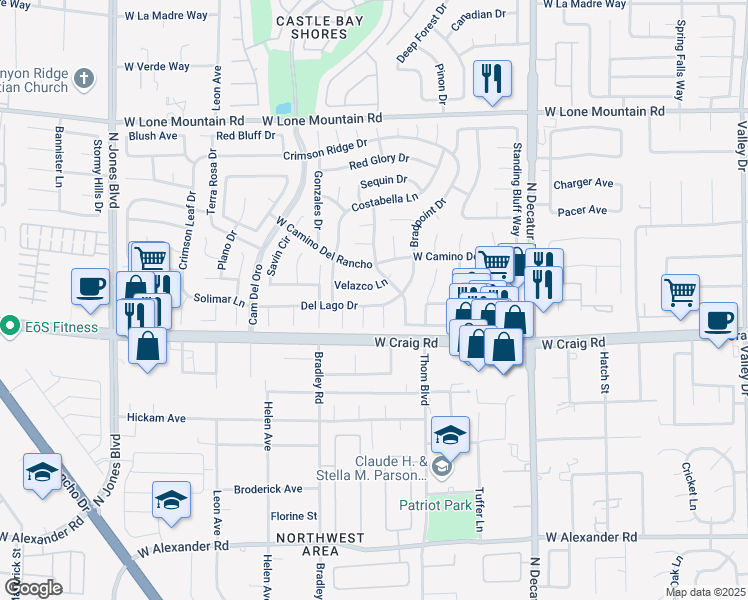 map of restaurants, bars, coffee shops, grocery stores, and more near 5256 Del Lago Drive in Las Vegas