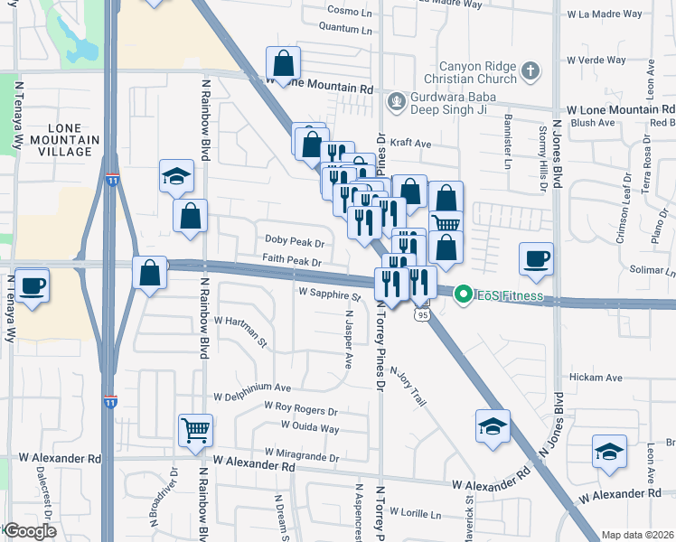map of restaurants, bars, coffee shops, grocery stores, and more near 6405 Faith Peak Drive in Las Vegas