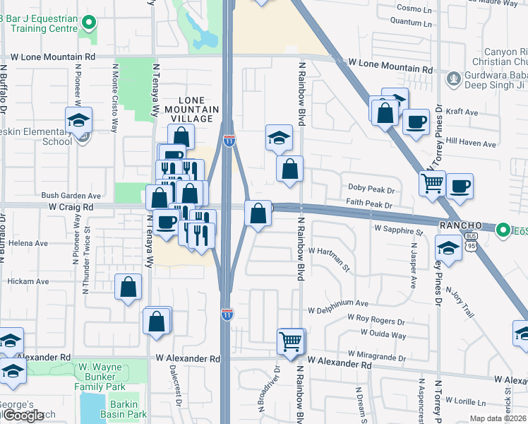 map of restaurants, bars, coffee shops, grocery stores, and more near 4353 North Fox Point Drive in Las Vegas