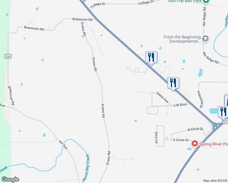map of restaurants, bars, coffee shops, grocery stores, and more near 404 Evans Road in Ash Flat