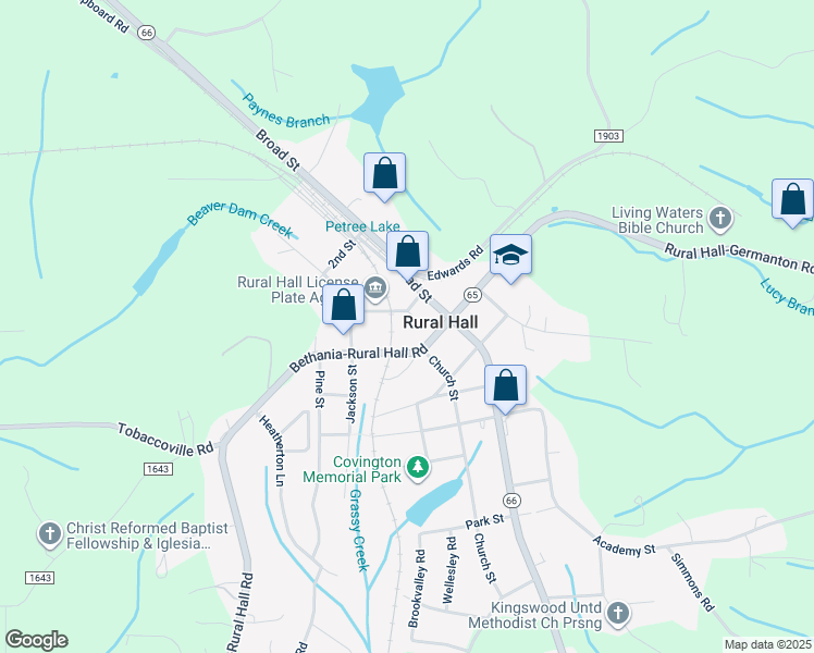 map of restaurants, bars, coffee shops, grocery stores, and more near 136 Bethania Street in Rural Hall