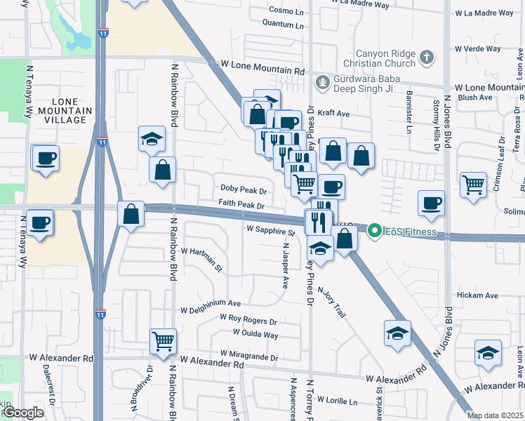 map of restaurants, bars, coffee shops, grocery stores, and more near 6421 Faith Peak Drive in Las Vegas
