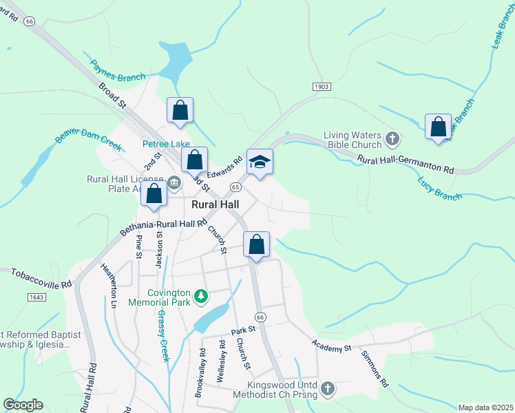 map of restaurants, bars, coffee shops, grocery stores, and more near 140 Washington Street in Rural Hall