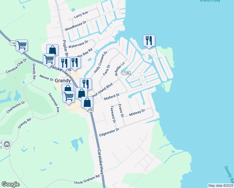 map of restaurants, bars, coffee shops, grocery stores, and more near 103 Mallard Court in Grandy