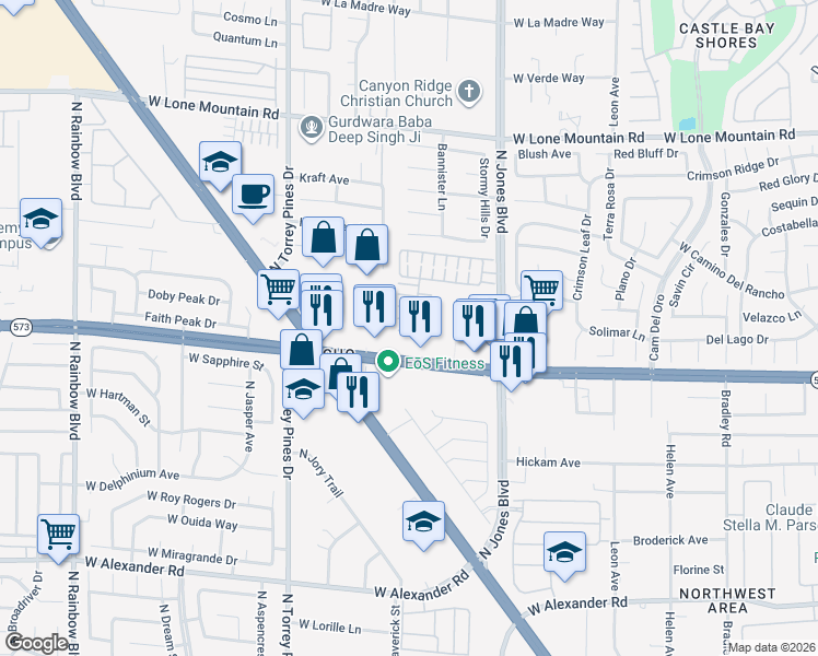 map of restaurants, bars, coffee shops, grocery stores, and more near 6204 Rimfire Rock Court in Las Vegas