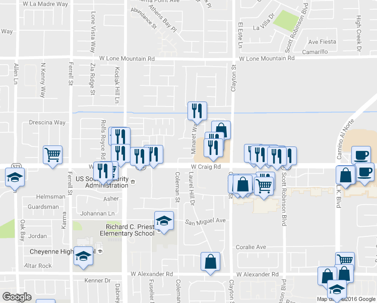 map of restaurants, bars, coffee shops, grocery stores, and more near 2323 Catskill Court in North Las Vegas