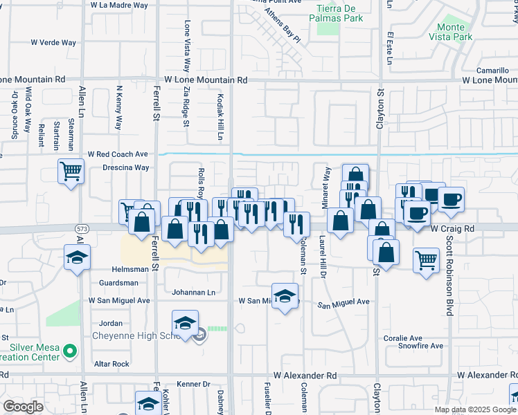 map of restaurants, bars, coffee shops, grocery stores, and more near 2808 West Craig Road in North Las Vegas
