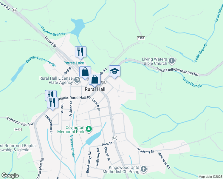 map of restaurants, bars, coffee shops, grocery stores, and more near 140 Washington Street in Rural Hall