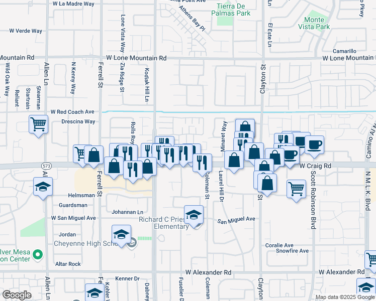 map of restaurants, bars, coffee shops, grocery stores, and more near 2585 Amazing Meadows Avenue in North Las Vegas
