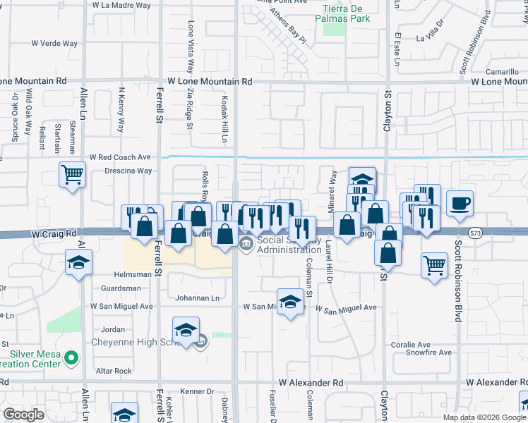 map of restaurants, bars, coffee shops, grocery stores, and more near in North Las Vegas