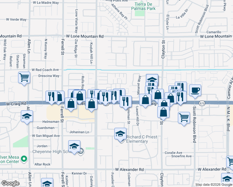 map of restaurants, bars, coffee shops, grocery stores, and more near 2585 Amazing Meadows Avenue in North Las Vegas
