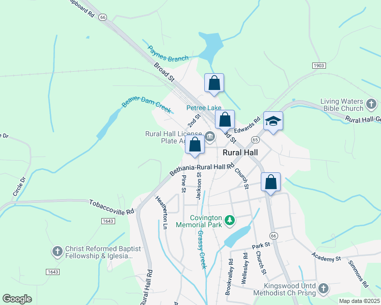 map of restaurants, bars, coffee shops, grocery stores, and more near 220 Bethania Street in Rural Hall