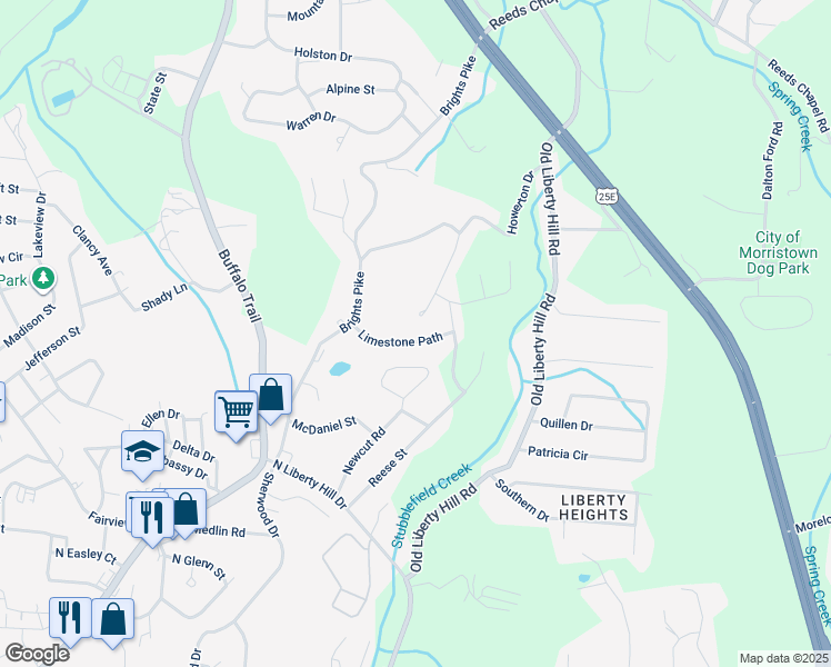 map of restaurants, bars, coffee shops, grocery stores, and more near 1861 Limestone Path in Morristown