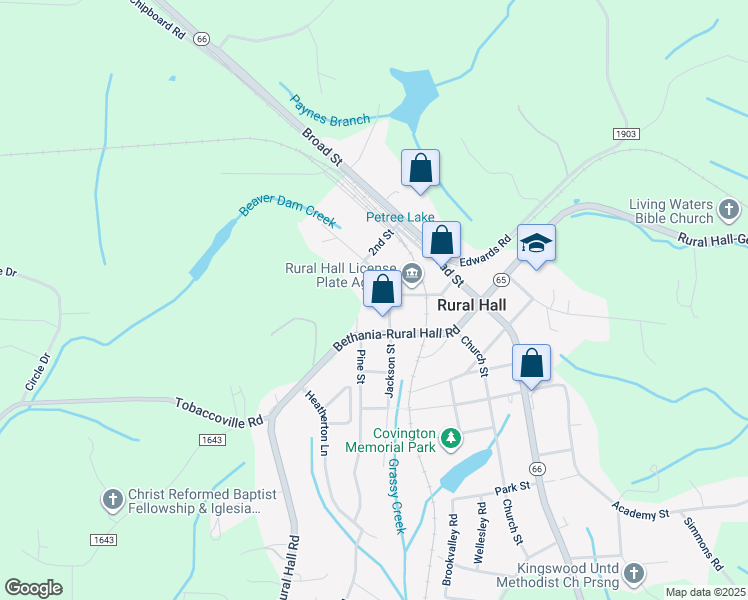 map of restaurants, bars, coffee shops, grocery stores, and more near 220 Bethania Street in Rural Hall