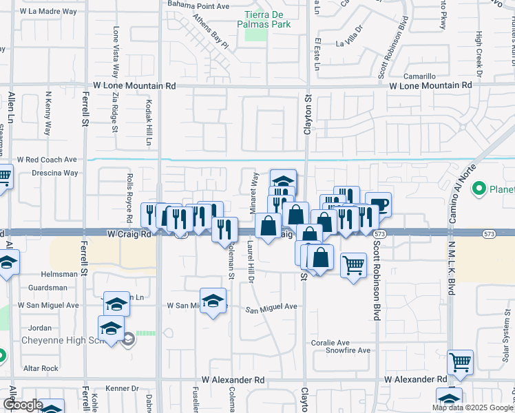 map of restaurants, bars, coffee shops, grocery stores, and more near 4440 Minaret Way in North Las Vegas
