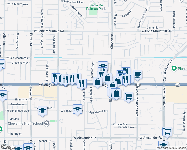 map of restaurants, bars, coffee shops, grocery stores, and more near 4440 Minaret Way in North Las Vegas