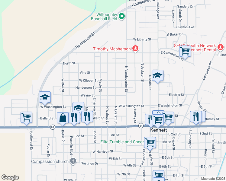 map of restaurants, bars, coffee shops, grocery stores, and more near 308 North Everett Street in Kennett