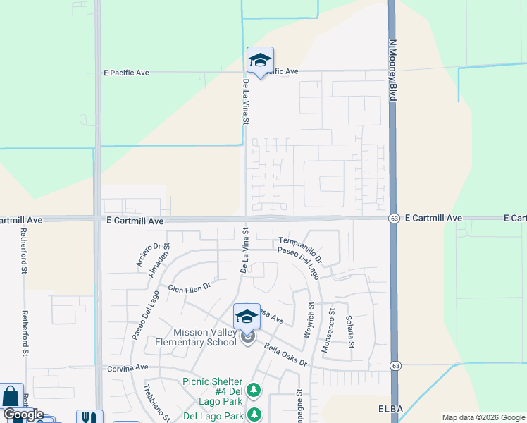 map of restaurants, bars, coffee shops, grocery stores, and more near 2154 East Cartmill Avenue in Tulare