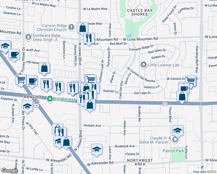 map of restaurants, bars, coffee shops, grocery stores, and more near 5713 La Coma Way in Las Vegas