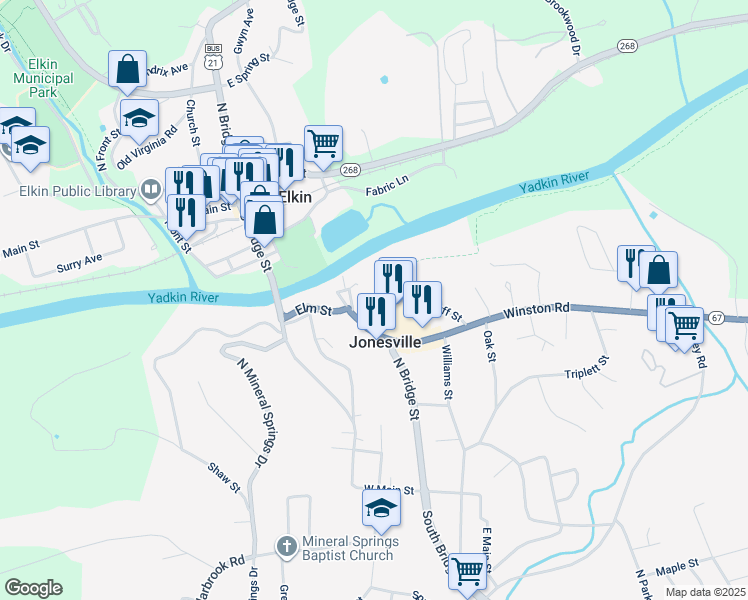 map of restaurants, bars, coffee shops, grocery stores, and more near 113 Plaza Street in Jonesville