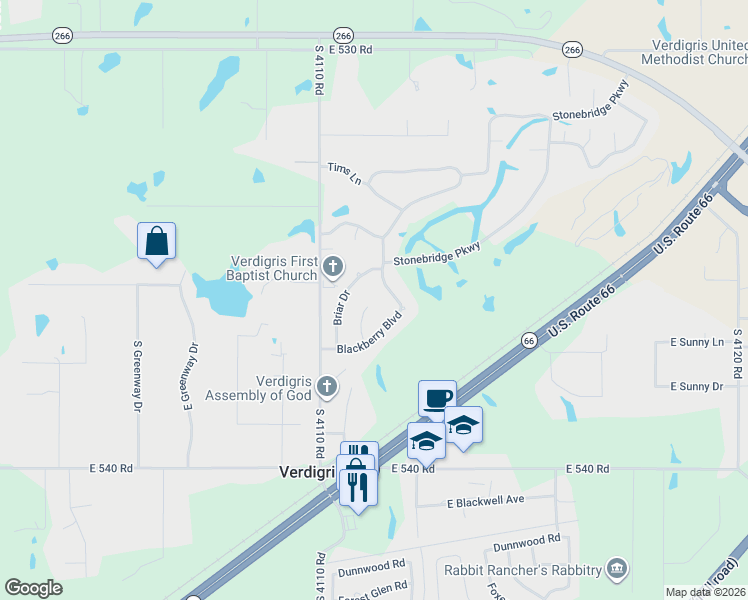map of restaurants, bars, coffee shops, grocery stores, and more near 25507 Blackberry Boulevard in Claremore