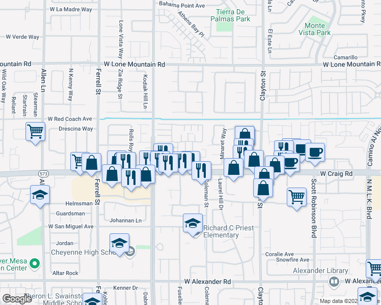 map of restaurants, bars, coffee shops, grocery stores, and more near 4465 Violet Flowers Street in North Las Vegas