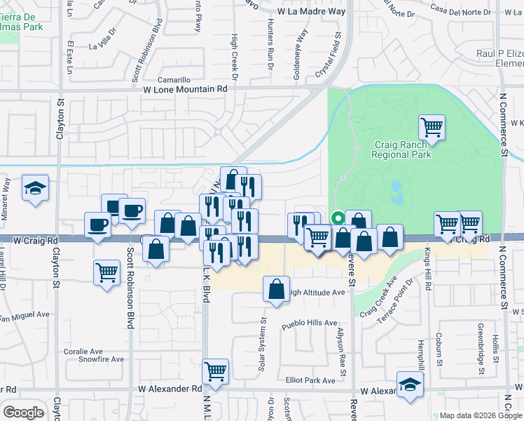 map of restaurants, bars, coffee shops, grocery stores, and more near 1306 West Craig Road in North Las Vegas