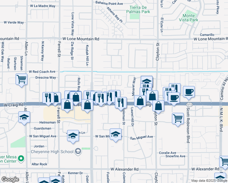 map of restaurants, bars, coffee shops, grocery stores, and more near 4566 Minaret Way in North Las Vegas