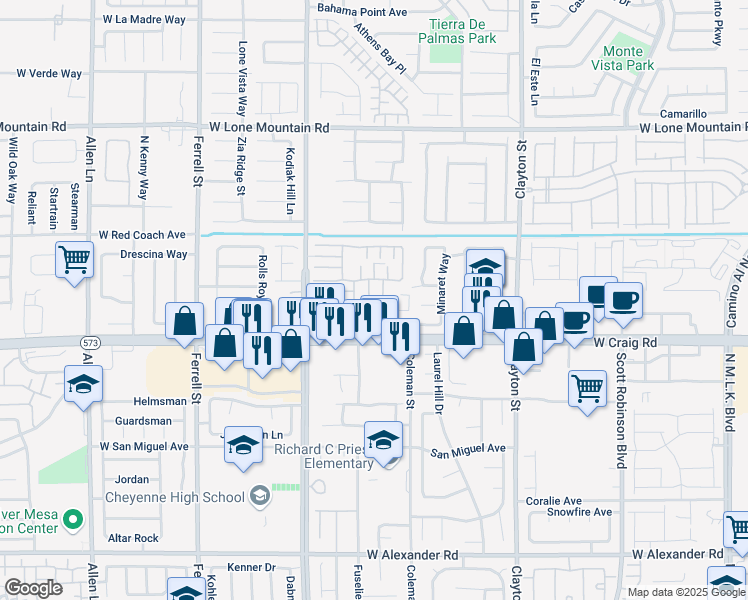 map of restaurants, bars, coffee shops, grocery stores, and more near 4566 Minaret Way in North Las Vegas