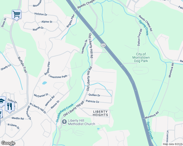 map of restaurants, bars, coffee shops, grocery stores, and more near 1840 Old Liberty Hill Road in Morristown