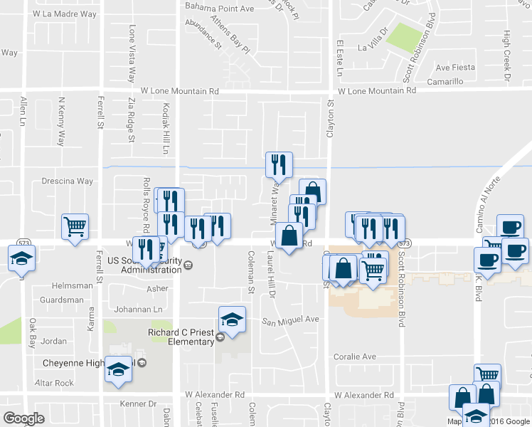 map of restaurants, bars, coffee shops, grocery stores, and more near 2324 Catskill Court in North Las Vegas