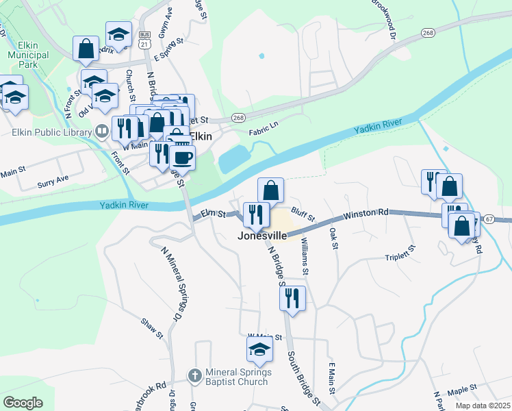 map of restaurants, bars, coffee shops, grocery stores, and more near 113 Plaza Street in Jonesville