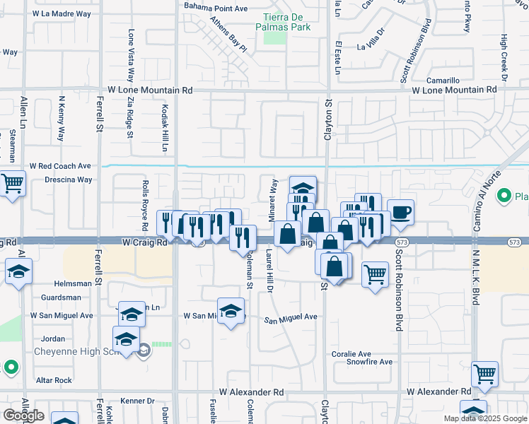 map of restaurants, bars, coffee shops, grocery stores, and more near 2324 Catskill Court in North Las Vegas