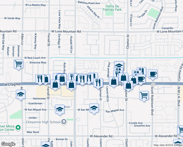 map of restaurants, bars, coffee shops, grocery stores, and more near 4466 Vigny Street in North Las Vegas