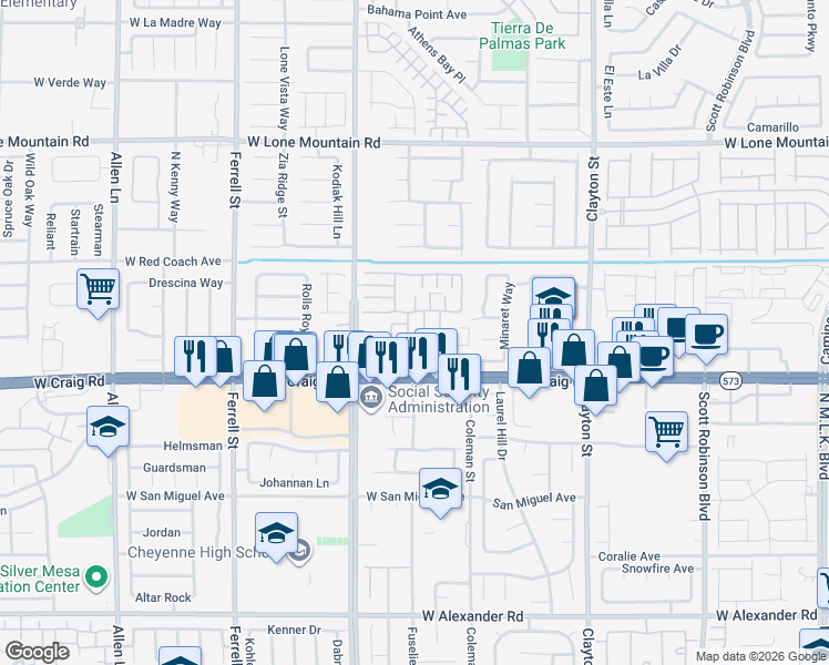 map of restaurants, bars, coffee shops, grocery stores, and more near 4466 Shimmering Skies Street in North Las Vegas