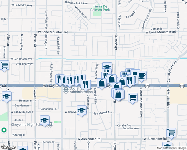 map of restaurants, bars, coffee shops, grocery stores, and more near 2324 Catskill Court in North Las Vegas