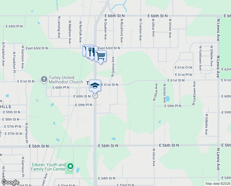 map of restaurants, bars, coffee shops, grocery stores, and more near 6029 North Quincy Avenue in Tulsa