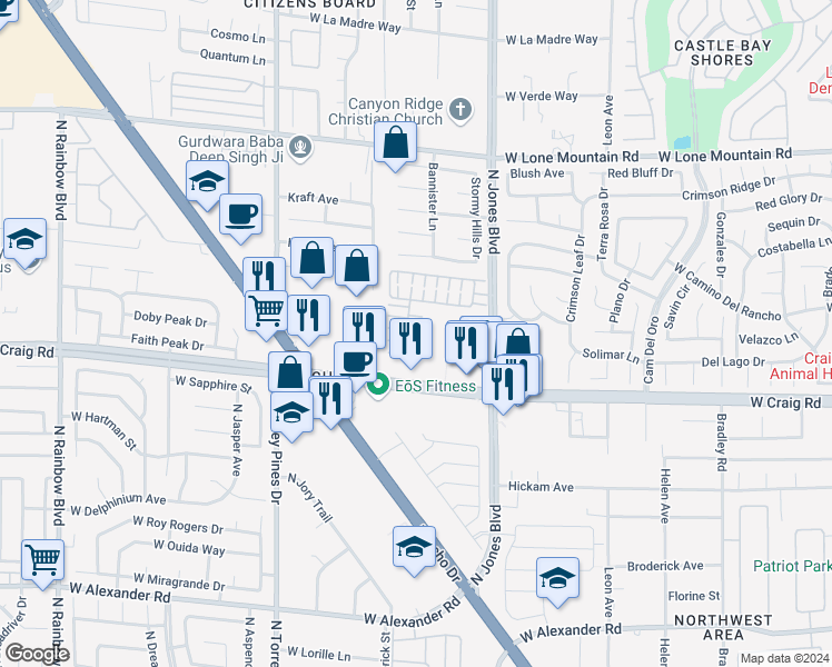 map of restaurants, bars, coffee shops, grocery stores, and more near 6124 Brock Canyon Court in Las Vegas