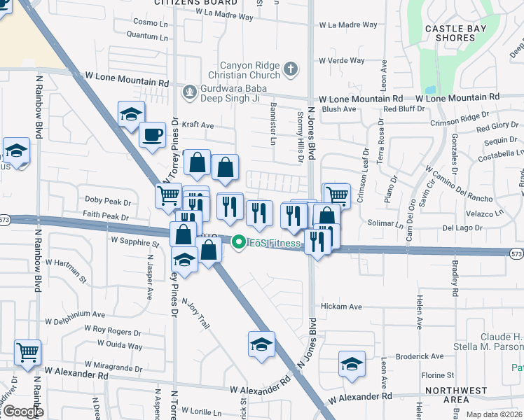 map of restaurants, bars, coffee shops, grocery stores, and more near 6124 Brock Canyon Court in Las Vegas